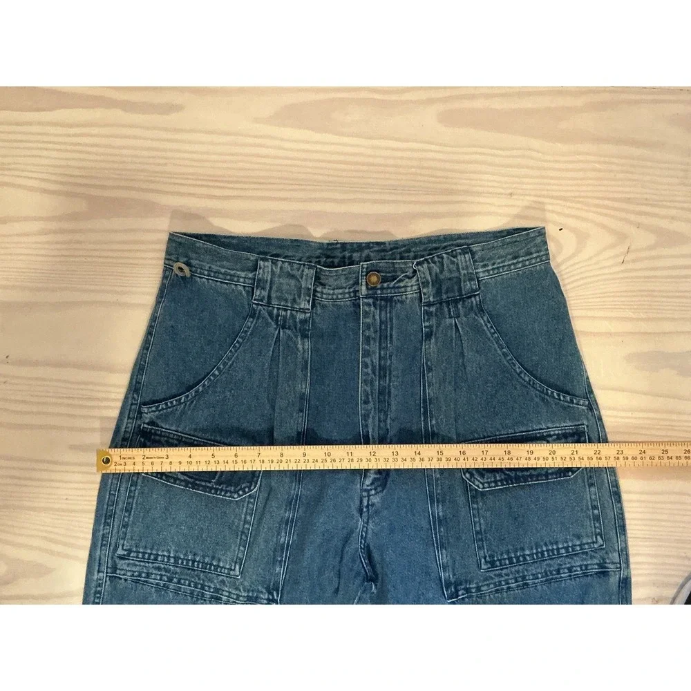 RW Rugged Vintage Mens Blue Denim Cargo Pants Pleated Relaxed Fit 36x32 Utility